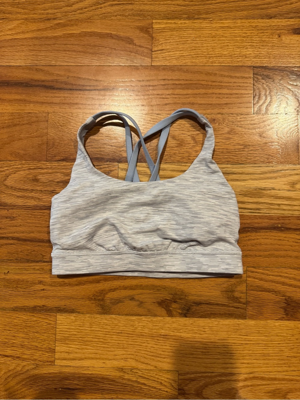 Grey, white, and blue Lululemon strappy sports bra